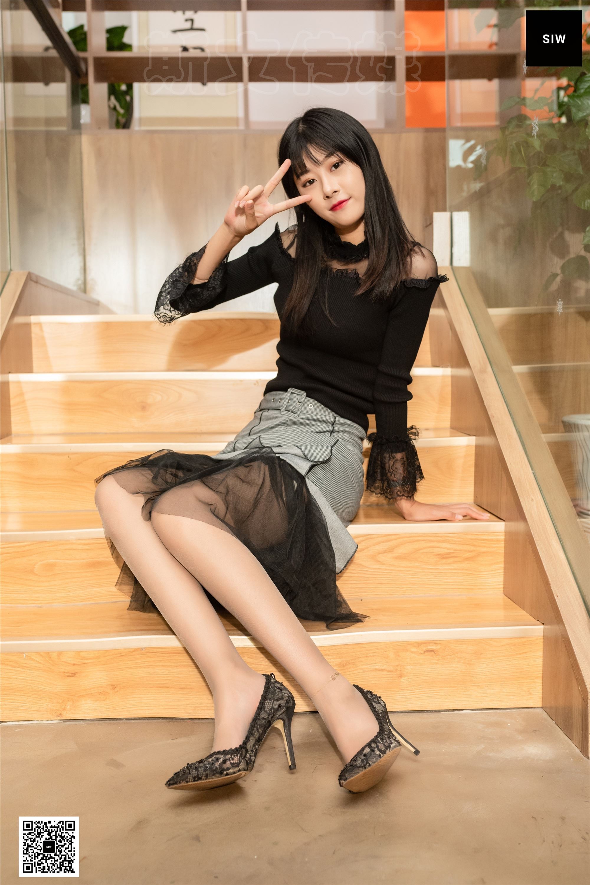 SIW斯文传媒 064 蕾丝花边黑灰拼色优雅淑女连衣裙 - 龙哥